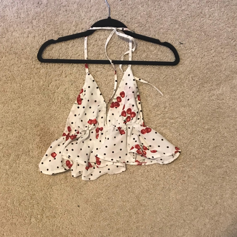 cherry polka dot halter open back crop top